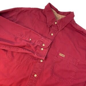 Carhartt Mens XL Button Up Burgundy‎ Long Sleeve Shirt Leather Logo Pockets Work